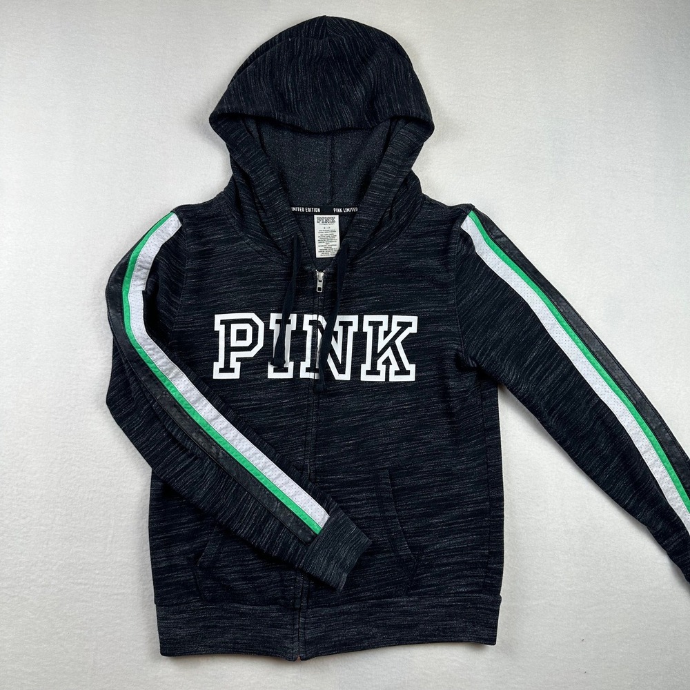 PINK Hoodie Women S Black Marled Green Stripe Zip Up Limited Edition Athleisure